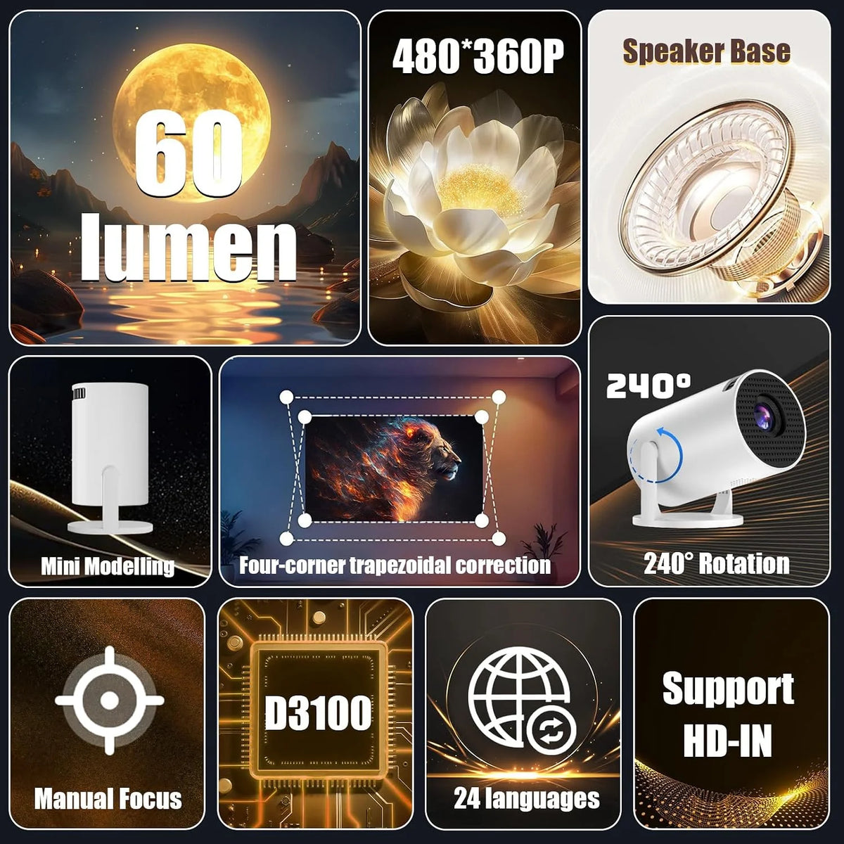 V4 Mini Projector, Portable Smart Projector with 2.4G Wifi